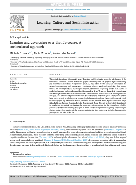 (PDF) Learning and developing over the life-course: A sociocultural ...