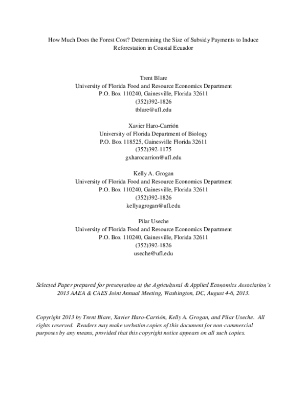 (PDF) How Much Does the Forest Cost? Determining the Size of Subsidy