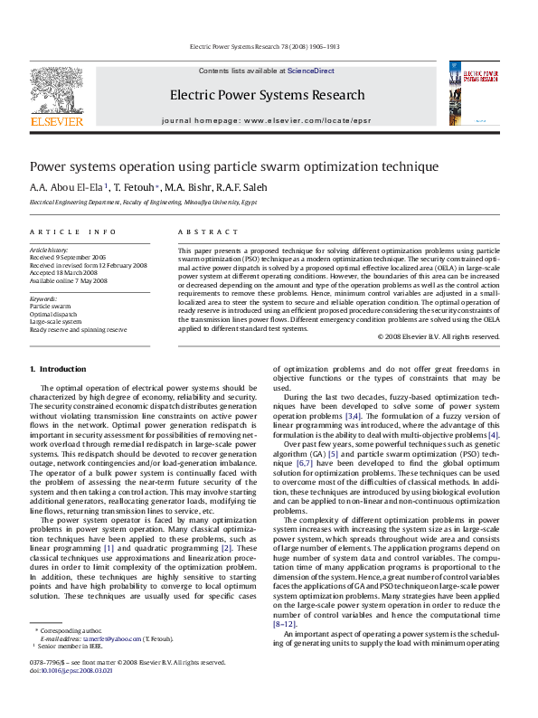 (PDF) Power systems operation using particle swarm optimization technique