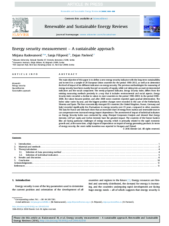 (PDF) Energy security measurement – A sustainable approach