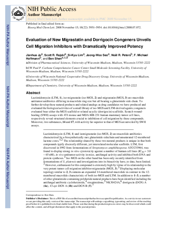 (PDF) Evaluation of new migrastatin and dorrigocin congeners unveils ...
