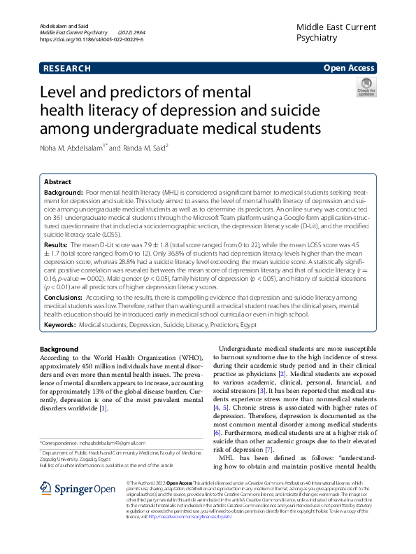 (PDF) Level and predictors of mental health literacy of depression and ...