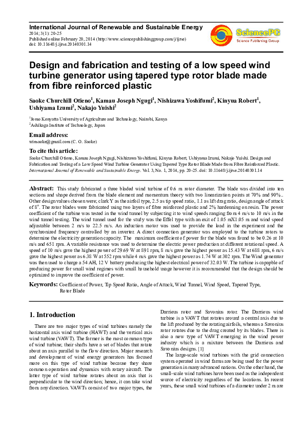 (PDF) Design and Fabrication and Testing of a Low Speed Wind Turbine ...