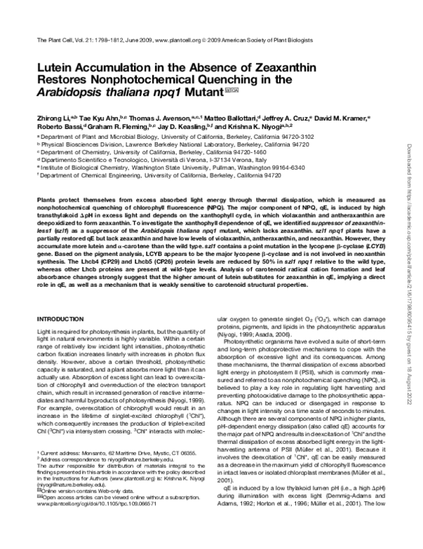 (PDF) Lutein Accumulation in the Absence of Zeaxanthin Restores ...