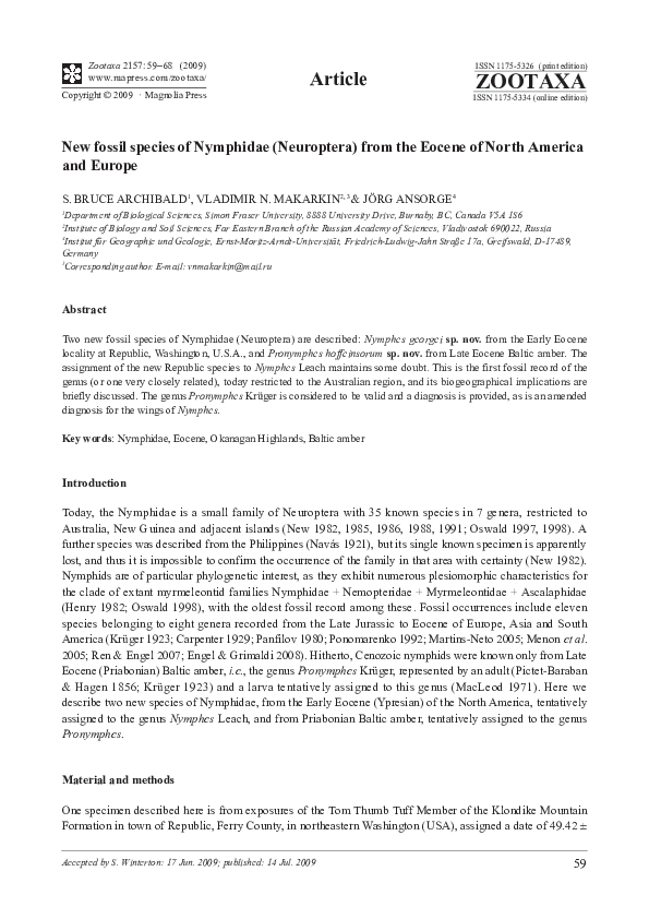 (PDF) New fossil species of Nymphidae (Neuroptera) from the Eocene of ...