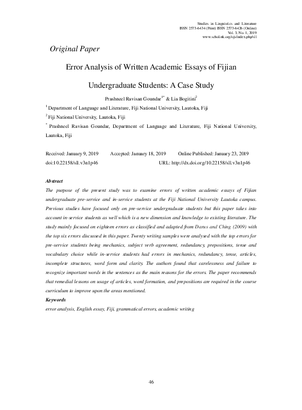 (PDF) Error Analysis of Written Academic Essays of Fijian Undergraduate ...