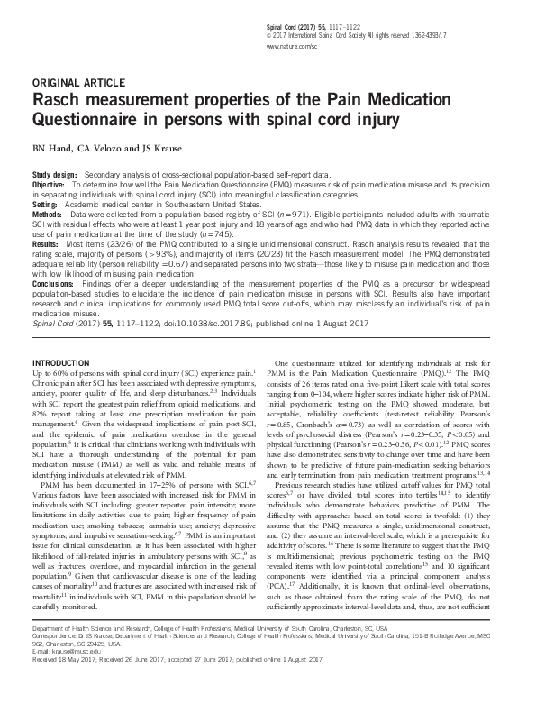 (PDF) Rasch measurement properties of the Pain Medication Questionnaire in persons with spinal