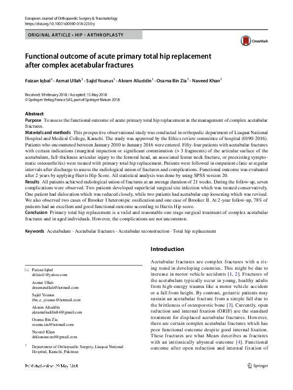 (PDF) Functional outcome of acute primary total hip replacement after ...