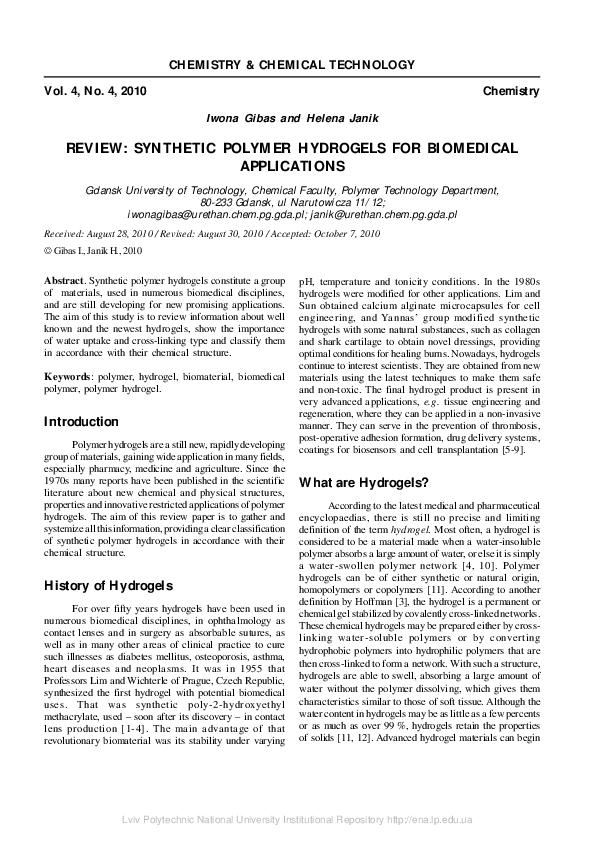 (PDF) Review Synthetic Polymer Hydrogels for Biomedical Applications