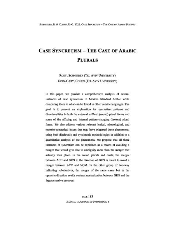(PDF) Case Syncretism the Case of Arabic Plurals Roey Schneider and