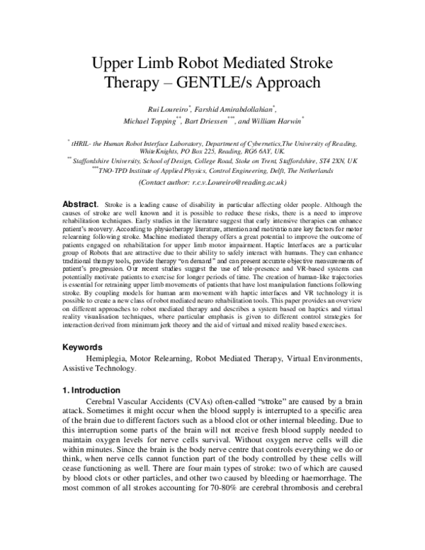 (PDF) Upper limb robot mediated stroke therapy - GENTLE/s approach