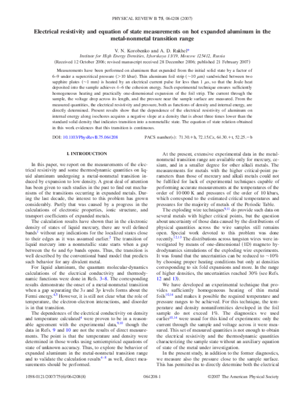 (PDF) Electrical resistivity and equation of state measurements on hot ...