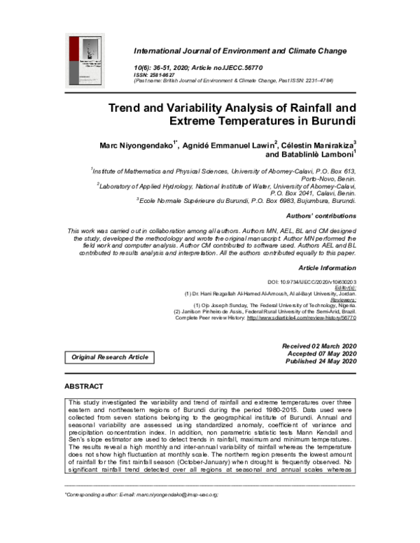 (PDF) Trend and Variability Analysis of Rainfall and Extreme ...