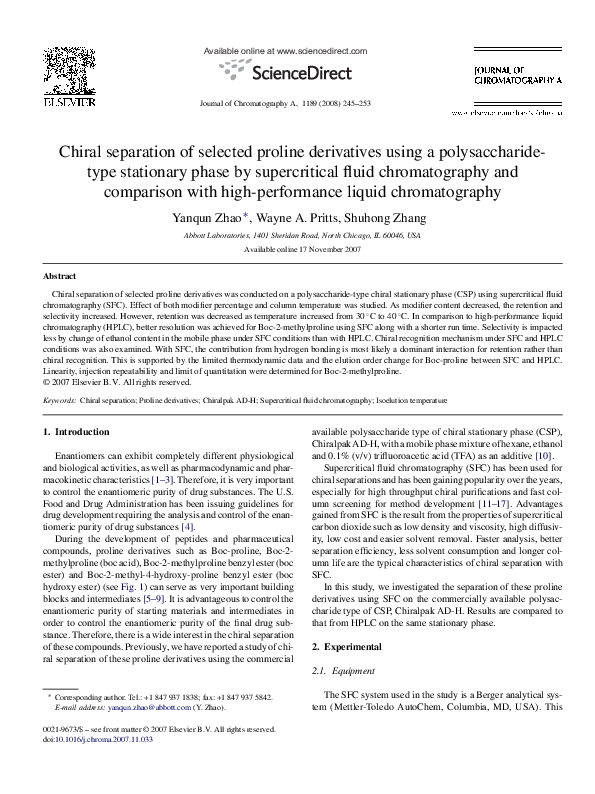(PDF) Chiral separation of selected proline derivatives using a ...