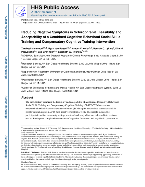 (PDF) Reducing negative symptoms in schizophrenia: Feasibility and ...