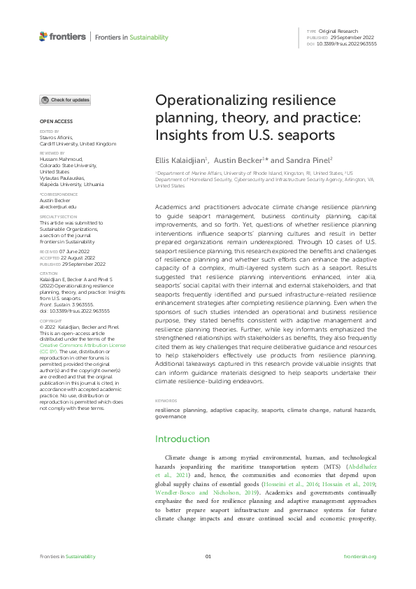 (PDF) Operationalizing resilience planning, theory, and practice Insights from U.S. seaports