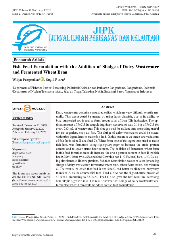 (PDF) Fish Feed Formulation with the Addition of Sludge of Dairy