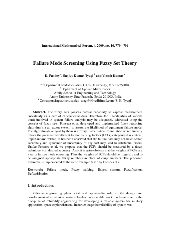 (PDF) Failure mode screening using fuzzy set theory