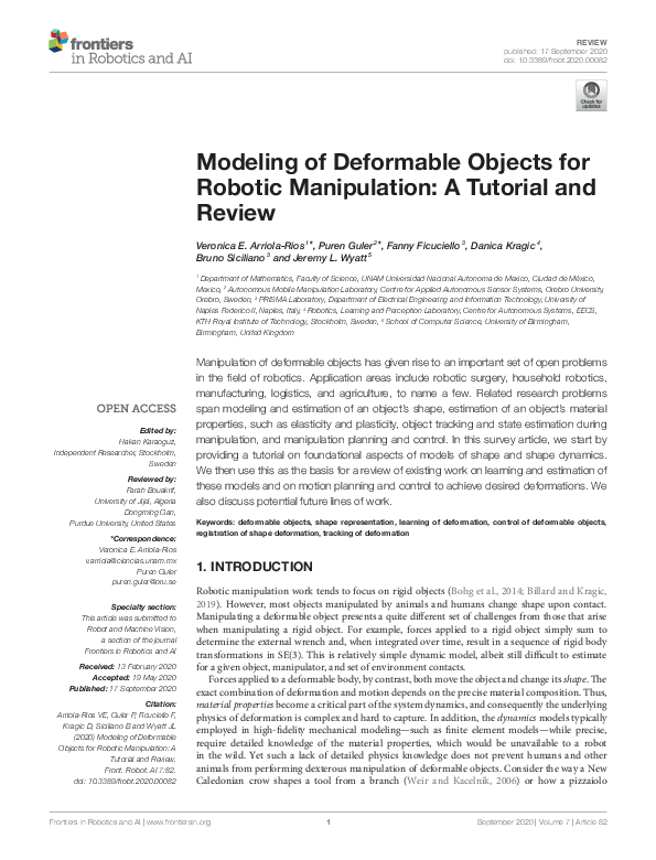 (PDF) Modeling of Deformable Objects for Robotic Manipulation: A ...