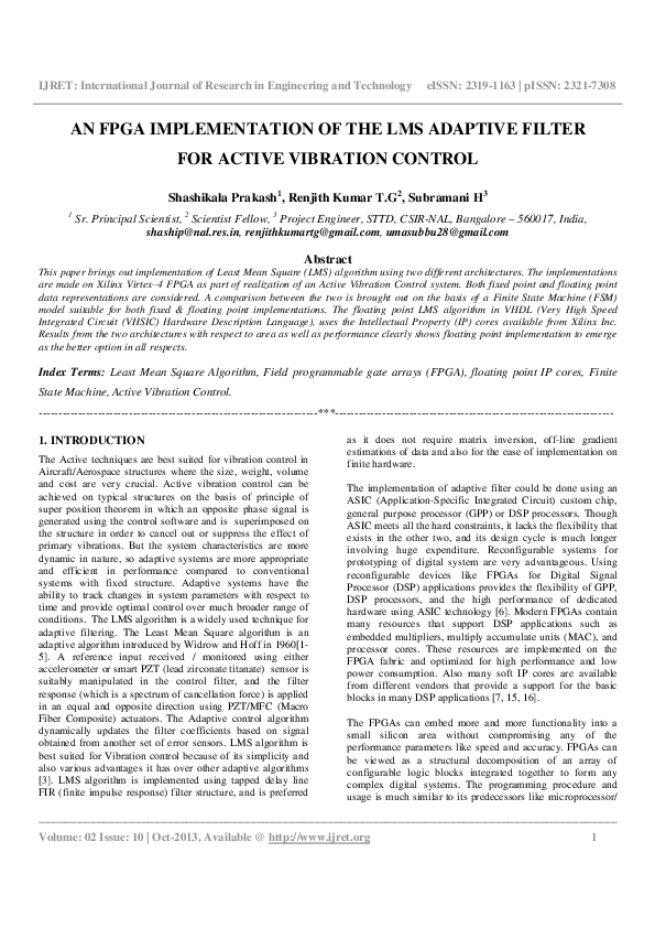 (PDF) An Fpga Implementation of the LMS Adaptive Filter for Active ...