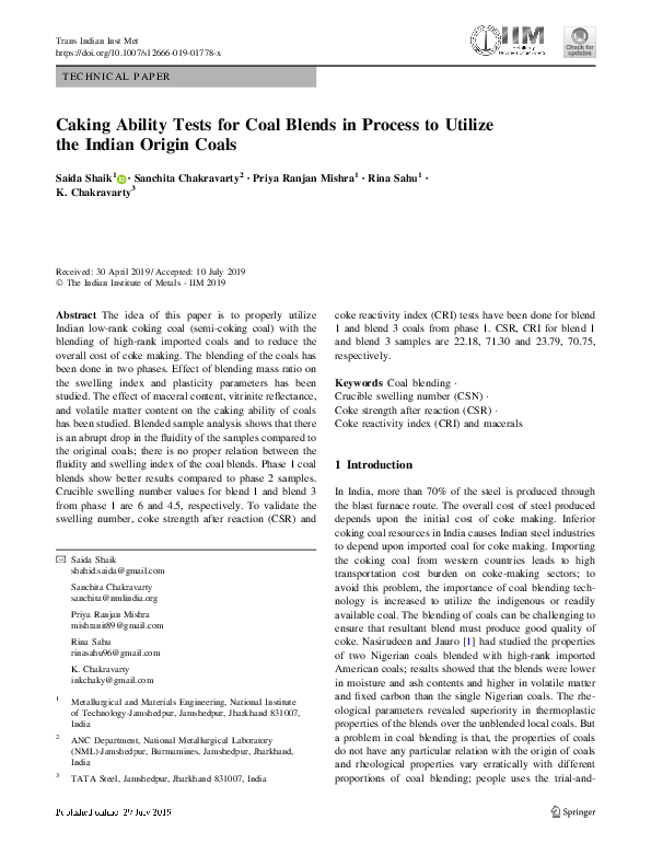 (PDF) Caking Ability Tests for Coal Blends in Process to Utilize the ...