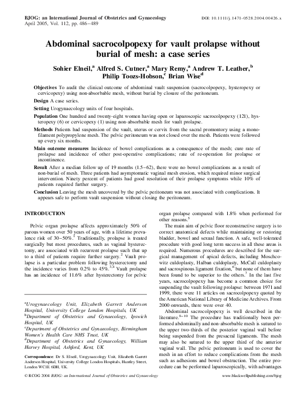 (PDF) Abdominal sacrocolpopexy for vault prolapse without burial of