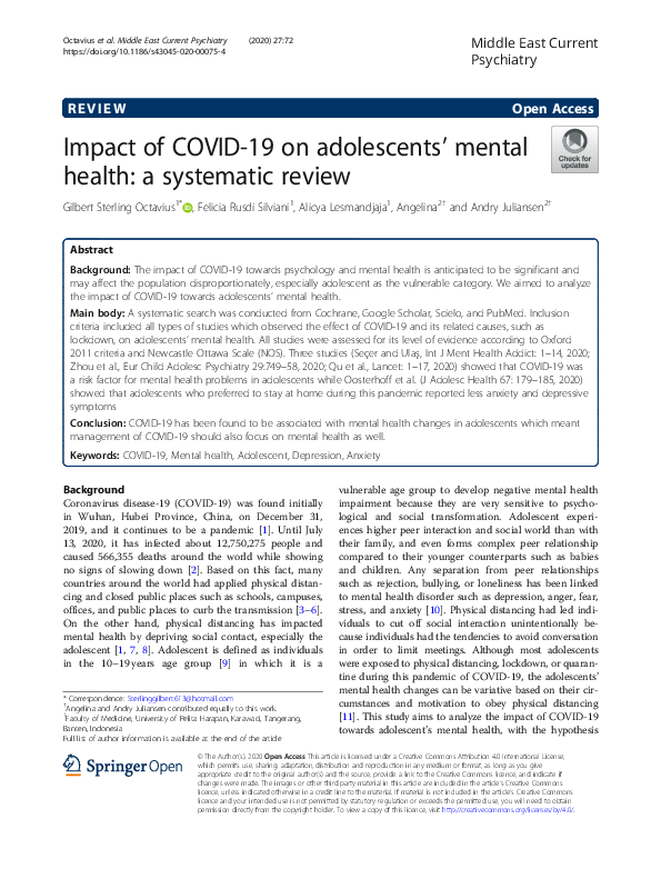 (PDF) Impact of COVID-19 on adolescents’ mental health: a systematic review