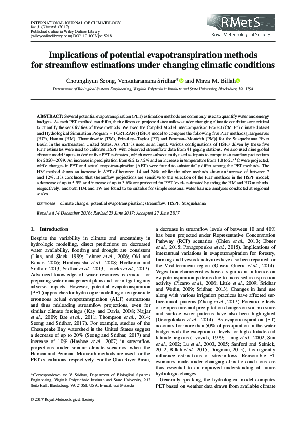 (PDF) Implications of potential evapotranspiration methods for ...