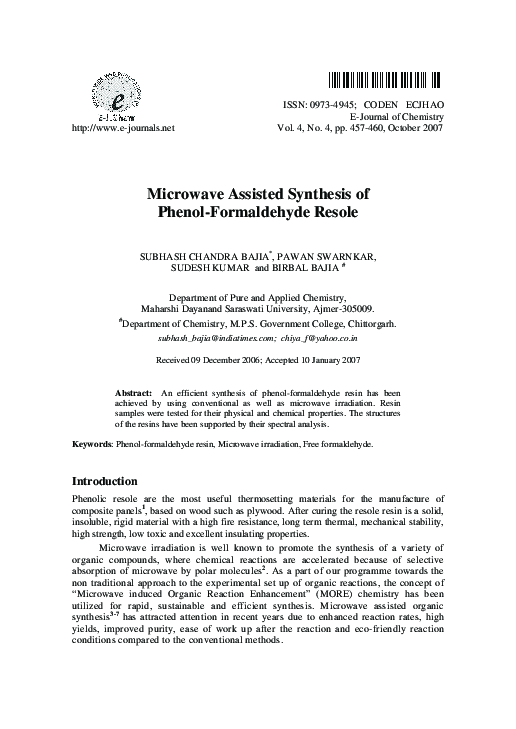 (PDF) Microwave Assisted Synthesis of Phenol-Formaldehyde Resole | Dr ...