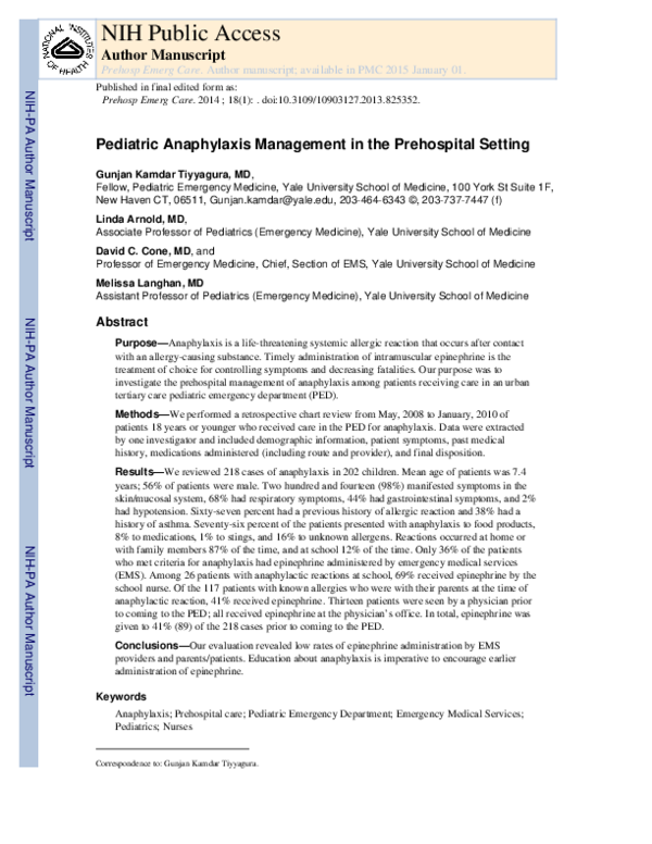 (PDF) Pediatric Anaphylaxis Management in the Prehospital Setting