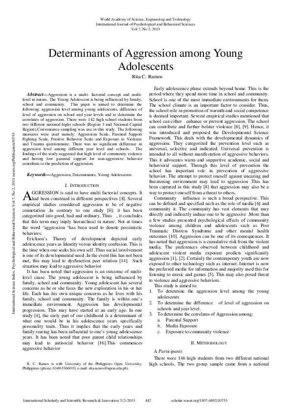 (PDF) Determinants Of Aggression Among Young Adolescents