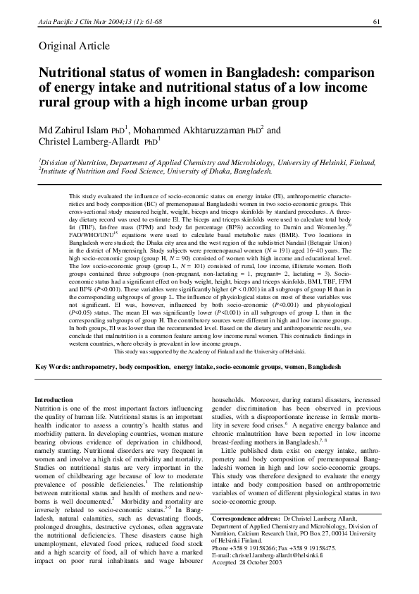(PDF) Nutritional status of women in Bangladesh comparison of energy