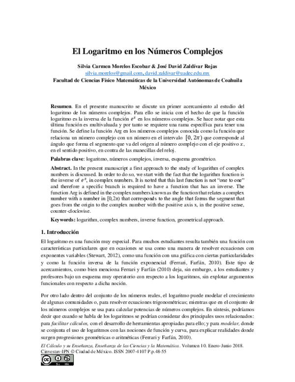 (PDF) El Logaritmo en los Números Complejos