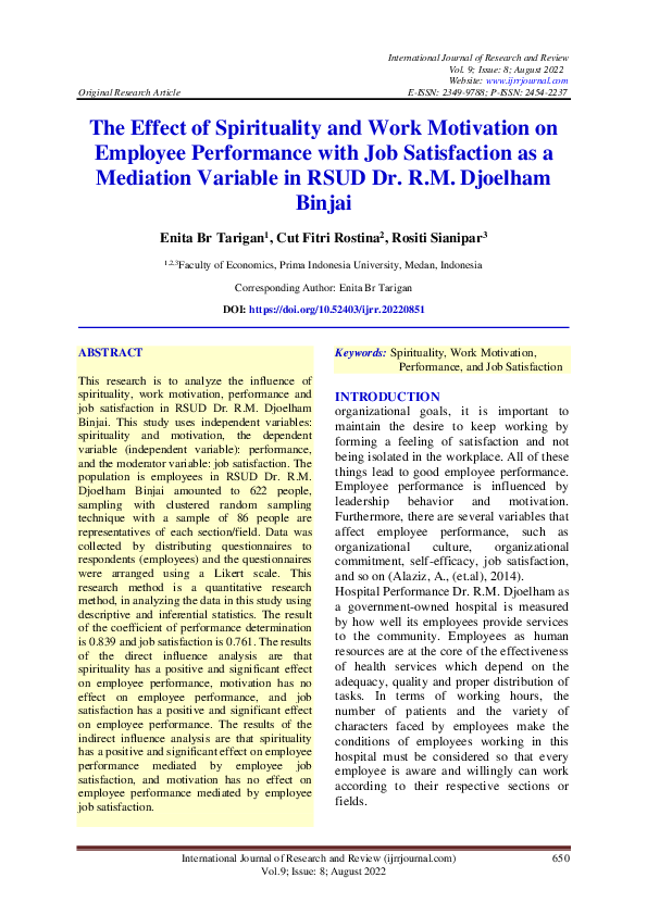(PDF) The Effect of Spirituality and Work Motivation on Employee ...