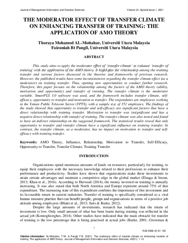 (PDF) The Moderator Effect of Transfer Climate on Enhancing Transfer of ...
