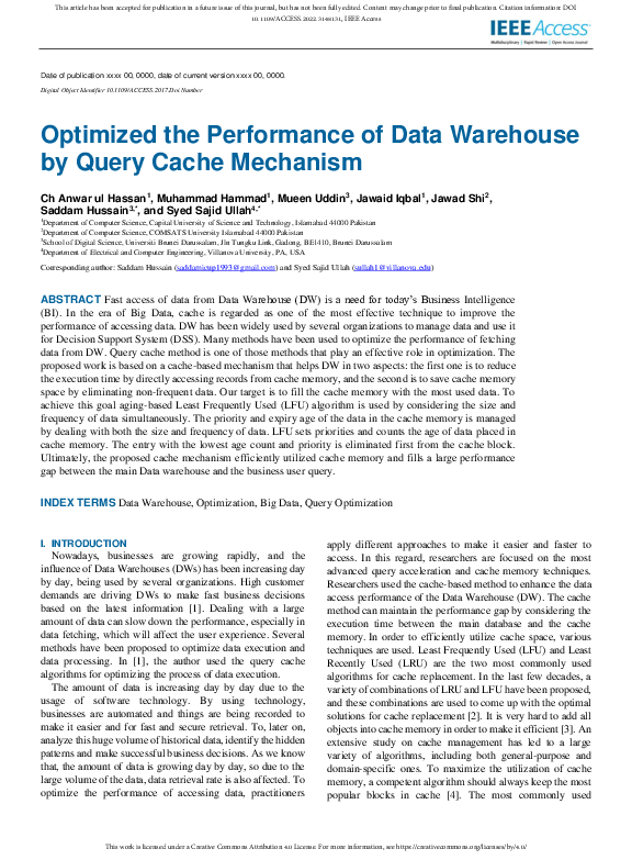 (PDF) Optimized the Performance of Data Warehouse by Query Cache Mechanism