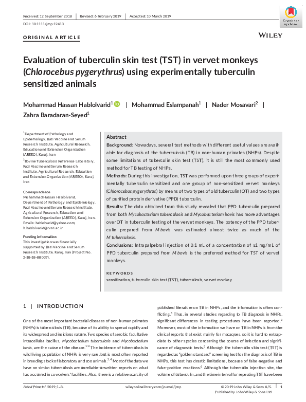 (PDF) Evaluation of tuberculin skin test (TST) in vervet monkeys ...