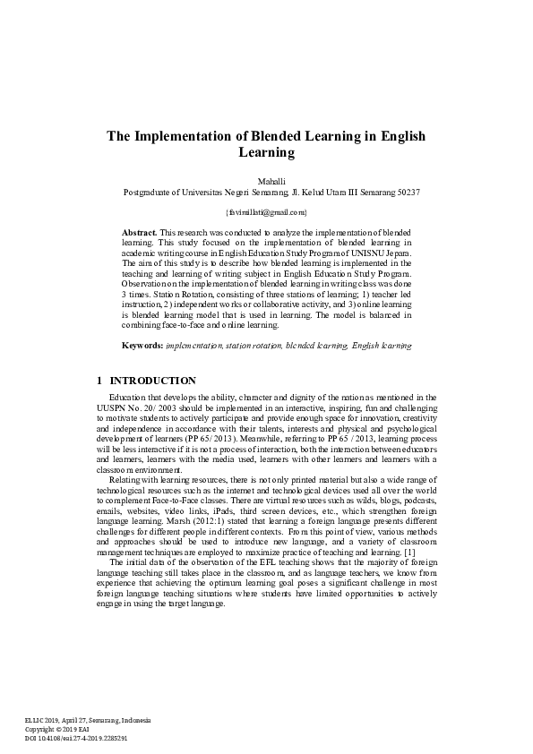 (PDF) The Implementation of Blended Learning in English Learning