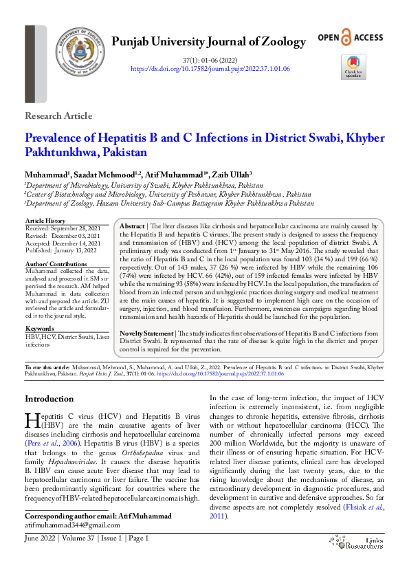 (PDF) Prevalence of Hepatitis B and C Infections in District Swabi ...
