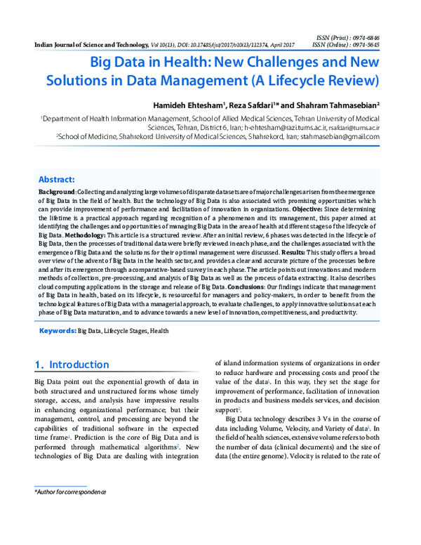 (PDF) Big Data in Health: New Challenges and New Solutions in Data ...