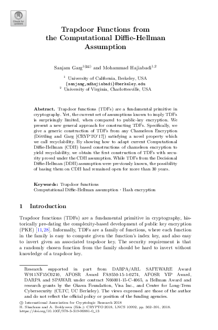 (PDF) Trapdoor Functions from the Computational Diffie-Hellman Assumption
