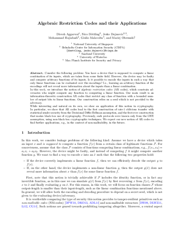 (PDF) Algebraic Restriction Codes and their Applications