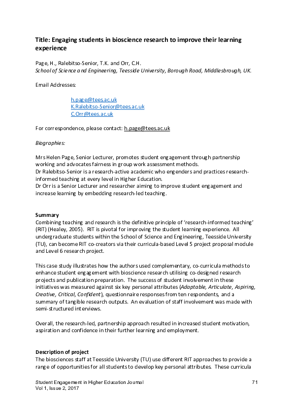 (PDF) Engaging Students in the Research Environment