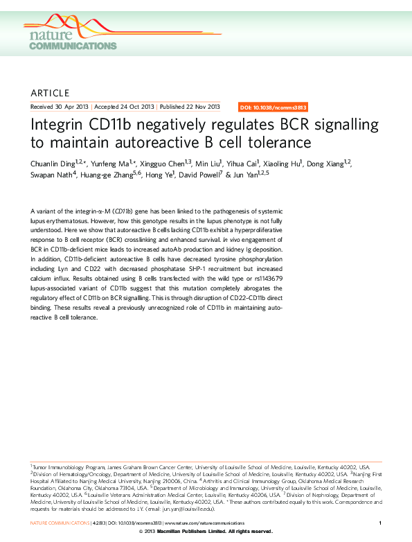 (PDF) Integrin CD11b negatively regulates BCR signalling to maintain ...
