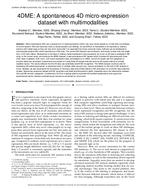(PDF) 4DME: A Spontaneous 4D Micro-Expression Dataset With Multimodalities