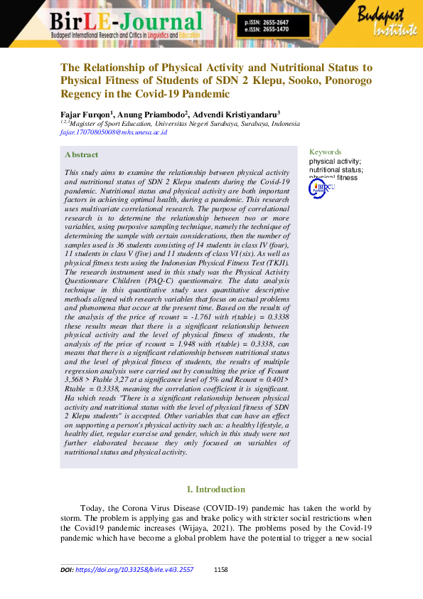 (PDF) The Relationship of Physical Activity and Nutritional Status to ...