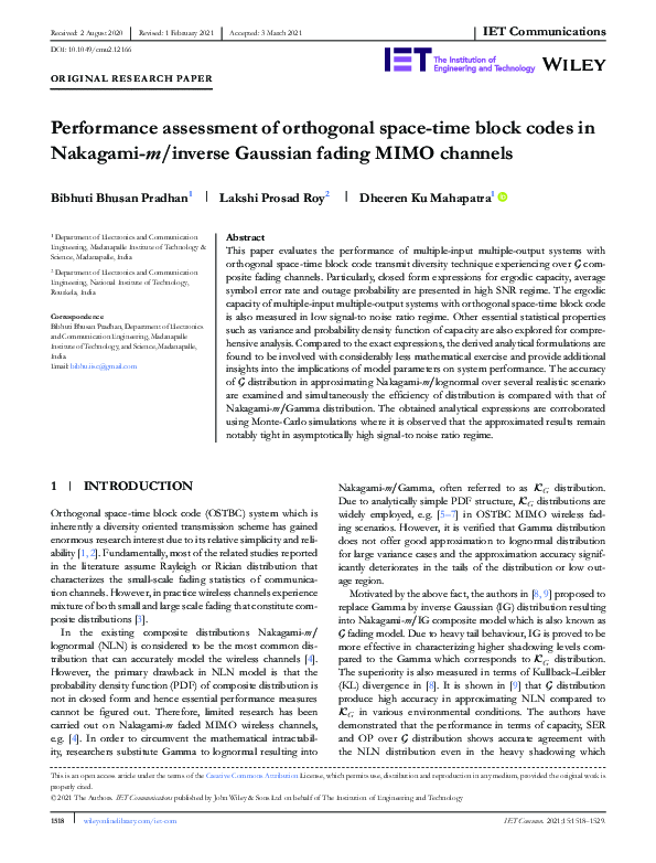 (PDF) Performance assessment of orthogonal space‐time block codes in ...