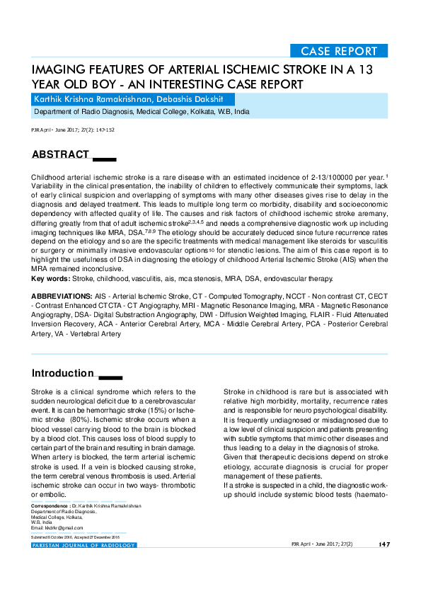 (PDF) Imaging Features of Arterial Ischemic Stroke in a 13 Year Old Boy ...