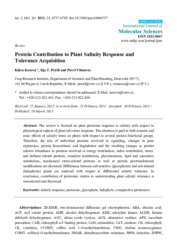 (PDF) Protein Contribution to Plant Salinity Response and Tolerance ...