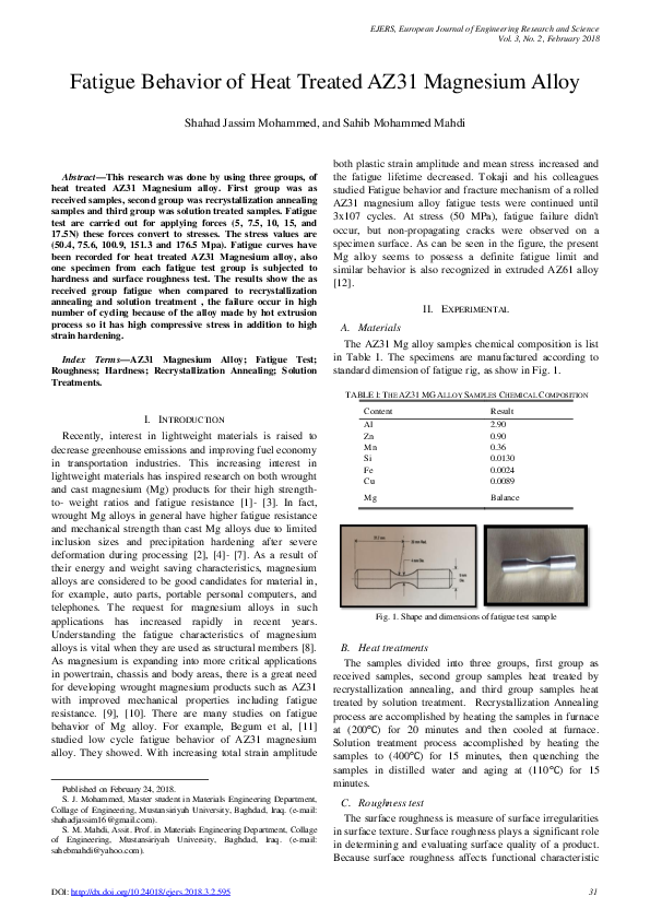 (PDF) Fatigue Behavior of Heat Treated AZ31 Magnesium Alloy